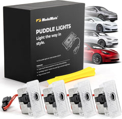 ModelMate Tesla logo puddle light on front left door emits crisp LED glow for safer night entry