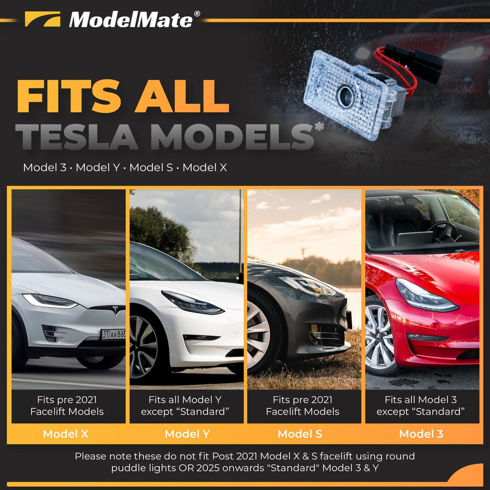 ModelMate Tesla logo puddle light on front right door emits crisp LED glow for safer night entry