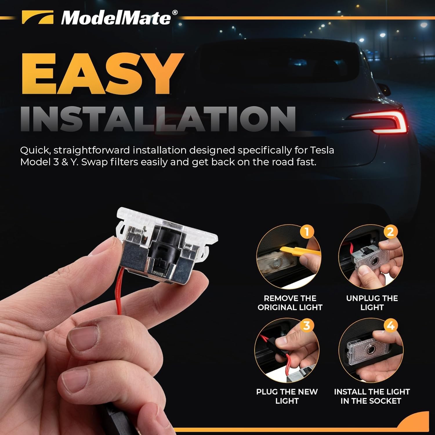 ModelMate four-pack puddle lights highlight all doors with consistent Tesla logo projection