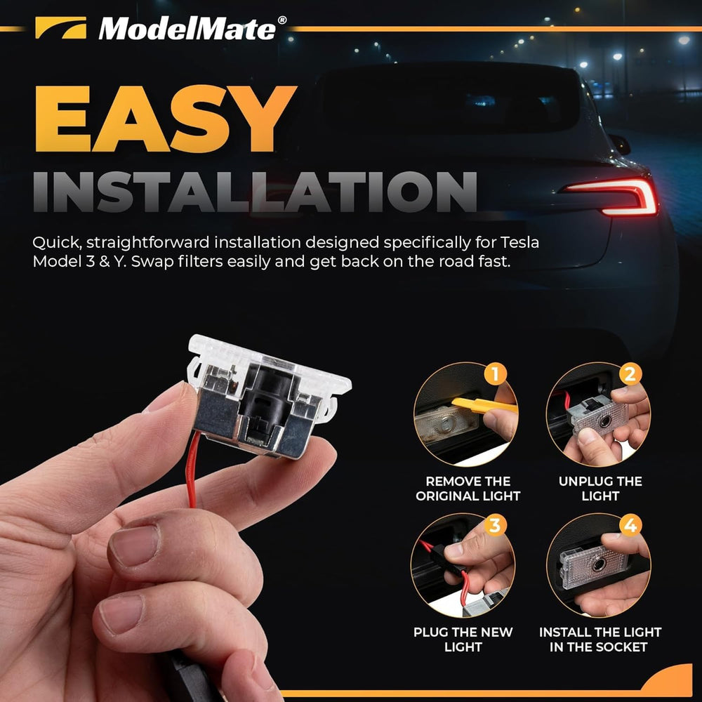 ModelMate four-pack puddle lights highlight all doors with consistent Tesla logo projection