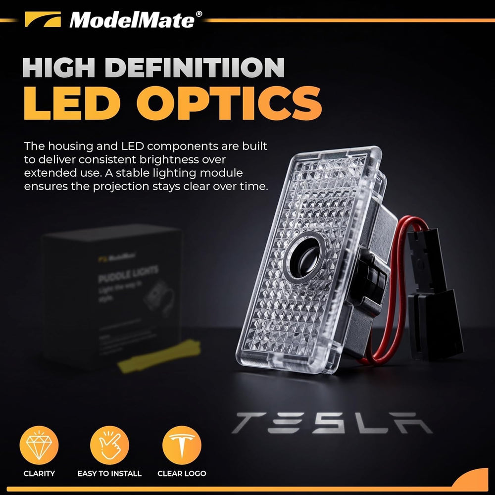ModelMate Tesla logo puddle light on rear left door emits crisp LED glow for safer night entry