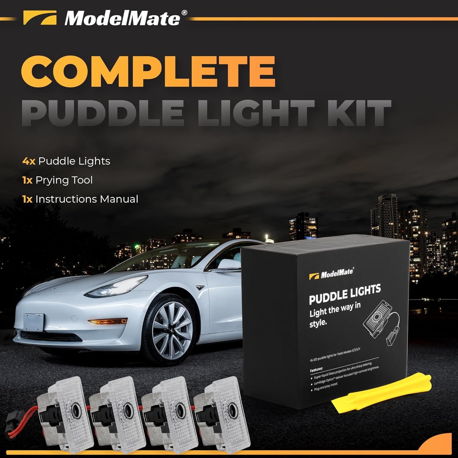 ModelMate Tesla logo puddle light on rear right door emits crisp LED glow for safer night entry