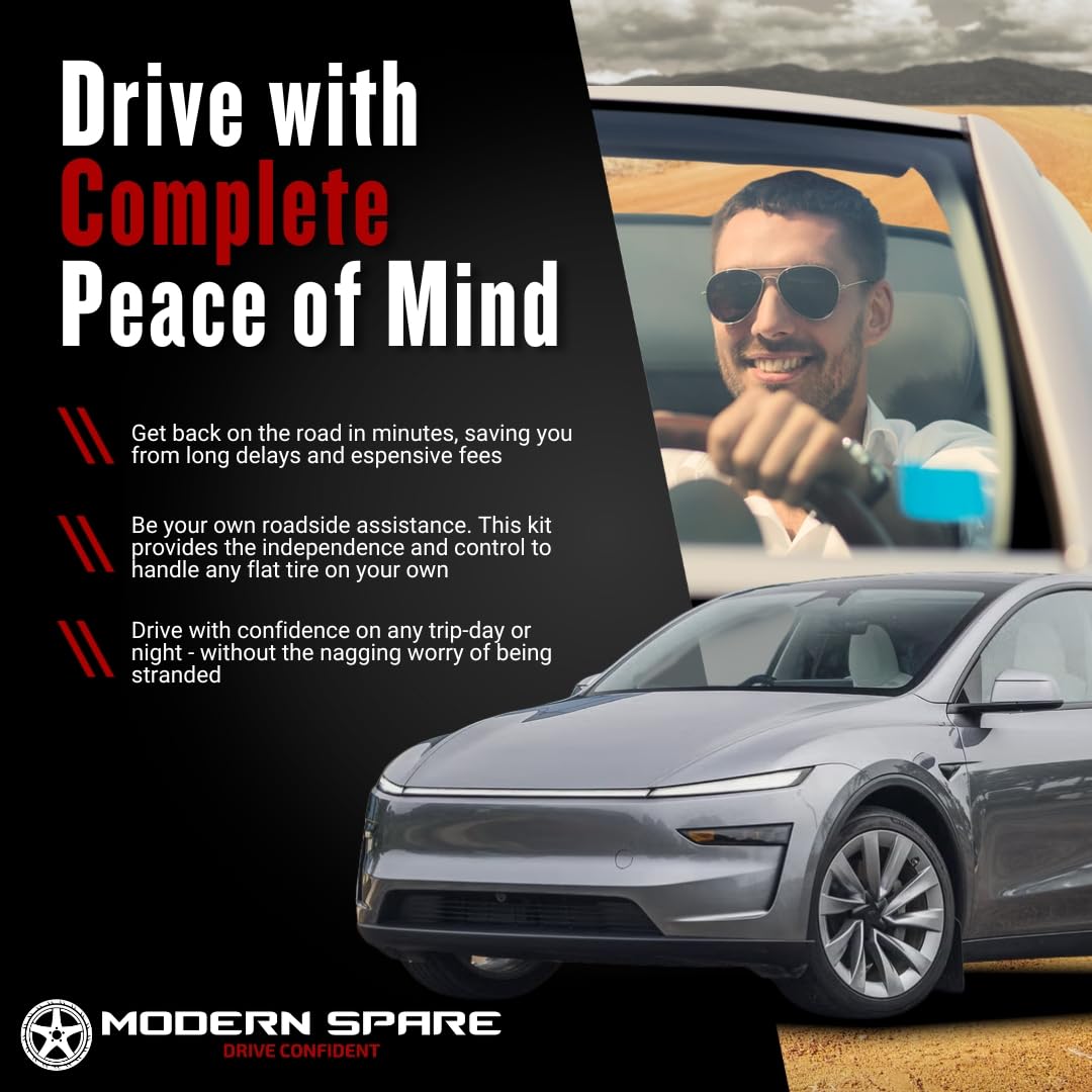Modern Spare Model Y complete spare tire kit with jack and tools.