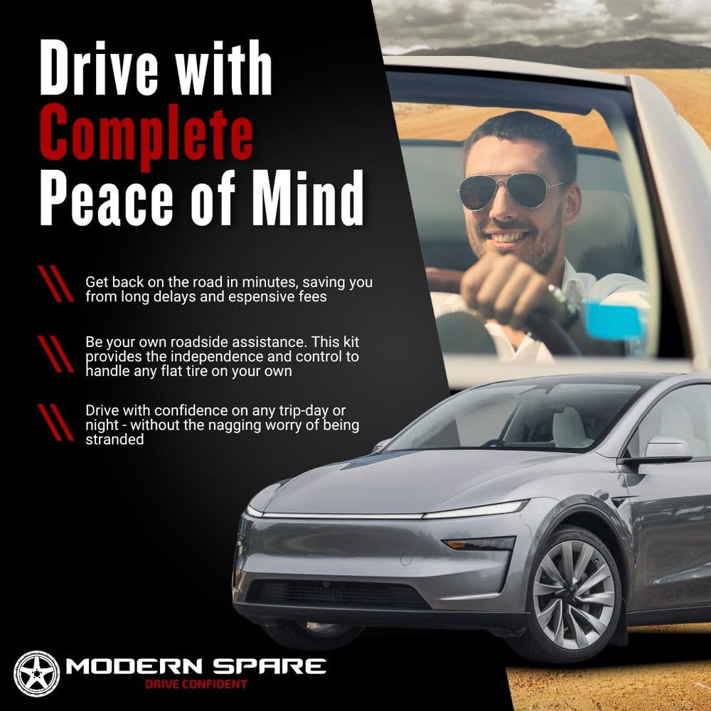 Modern Spare Model Y complete spare tire kit with jack and tools.