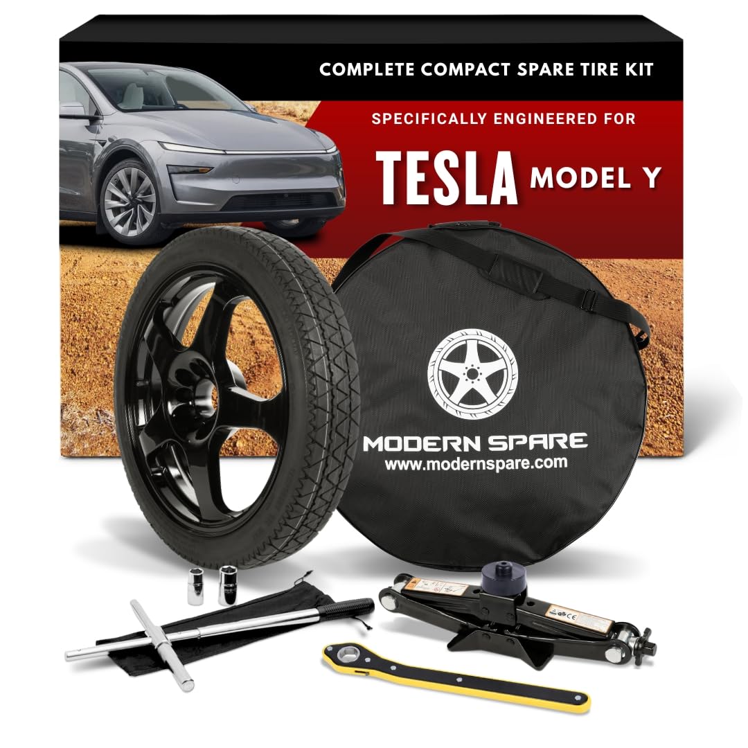 Modern Spare Model Y spare wheel ready for quick roadside replacement.