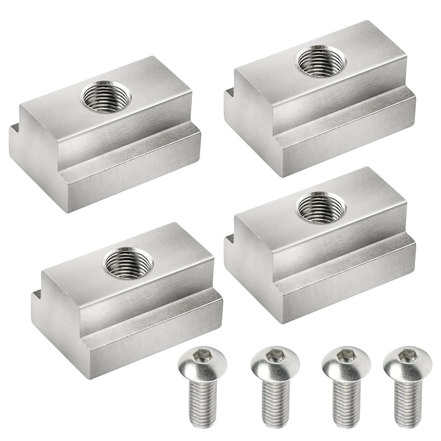 Eight MOEBULB t-slot nuts ready for easy rail mounting on trucks.