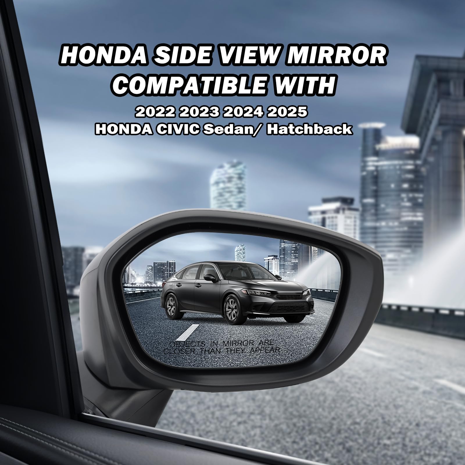 MOFOAP right-side mirror for Honda Civic, black finish complements vehicle styling.