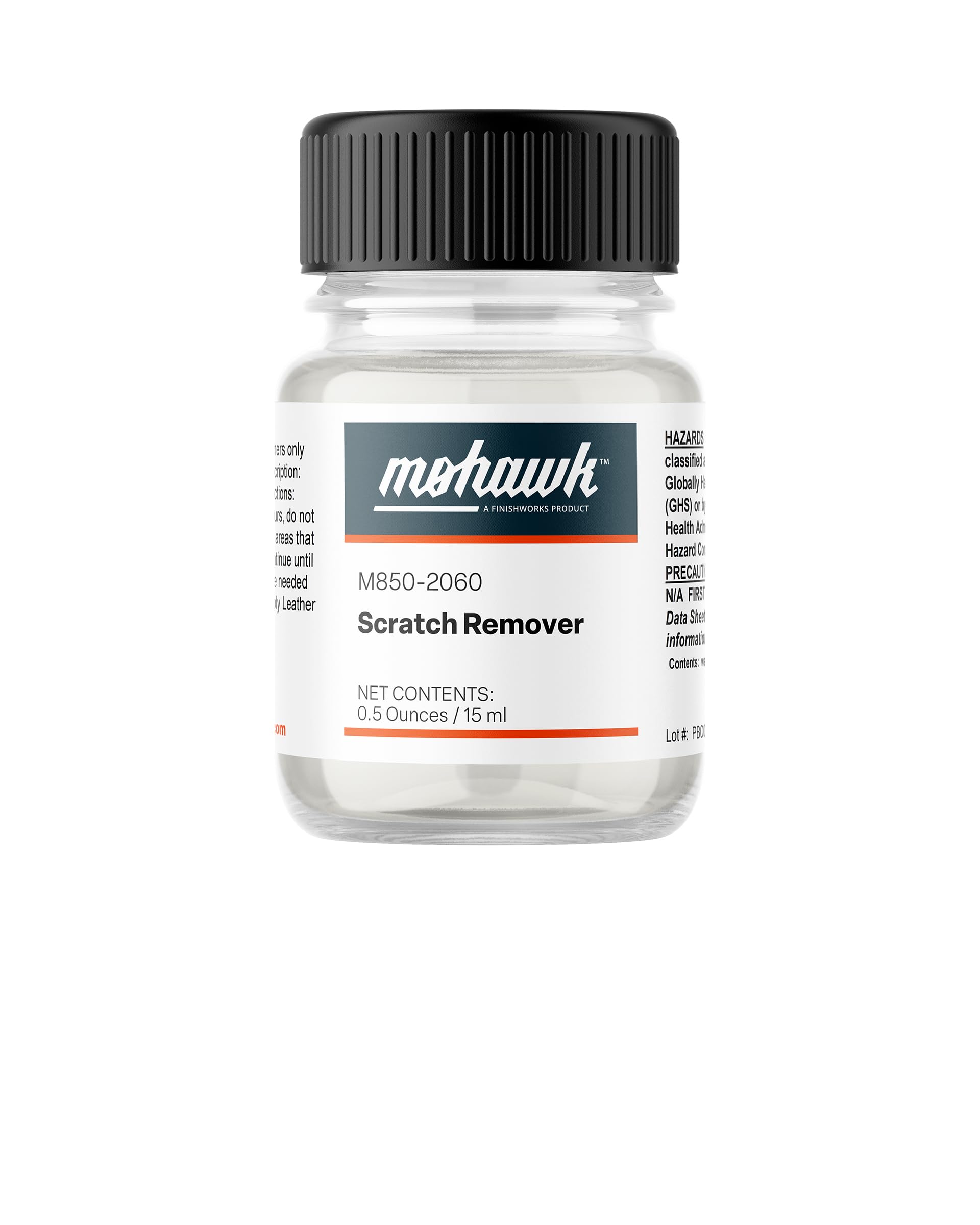 Mohawk Leather Scratch Remover bottle shows color restoration on leather surfaces