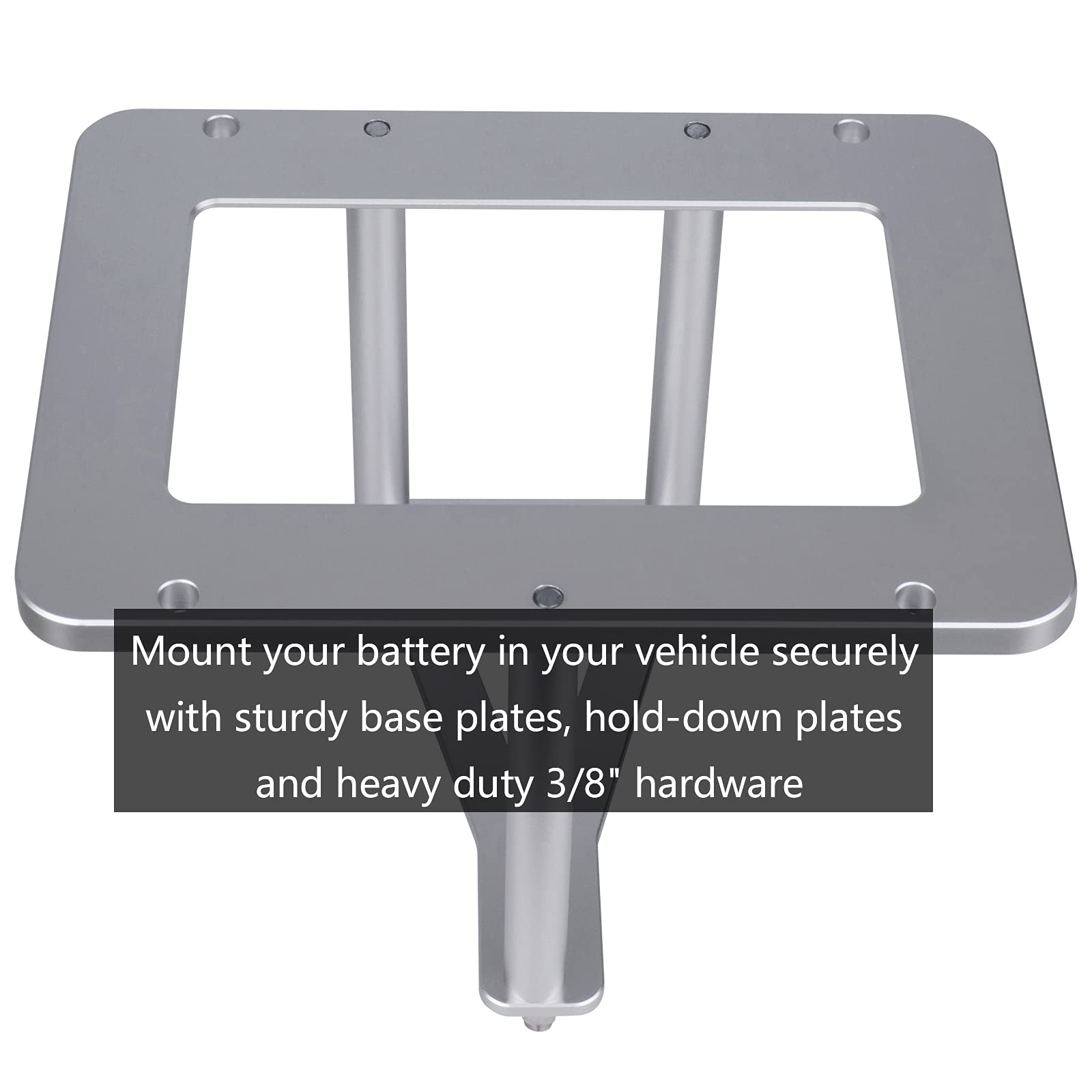 Moker battery hold-down assembly closeup emphasizing heavy-duty hardware and vibration resistance.