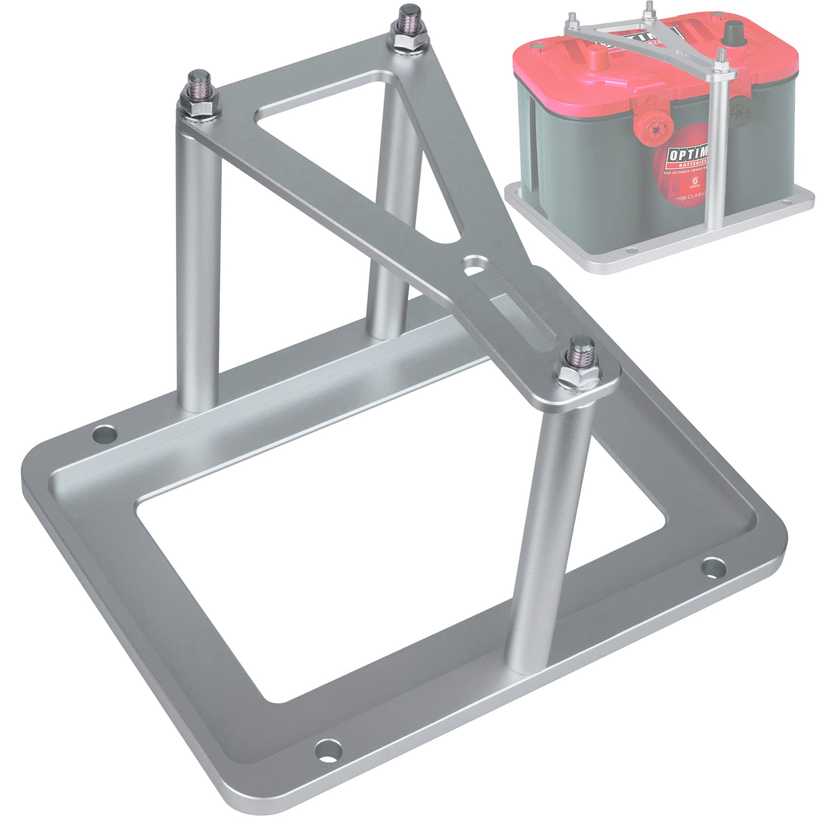 Moker battery tray for Optima front view showing secure mounting for rugged use.