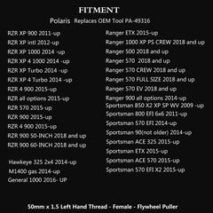 Moker puller 50mm left-thread fits Polaris RZR and Ranger models for rotor work.