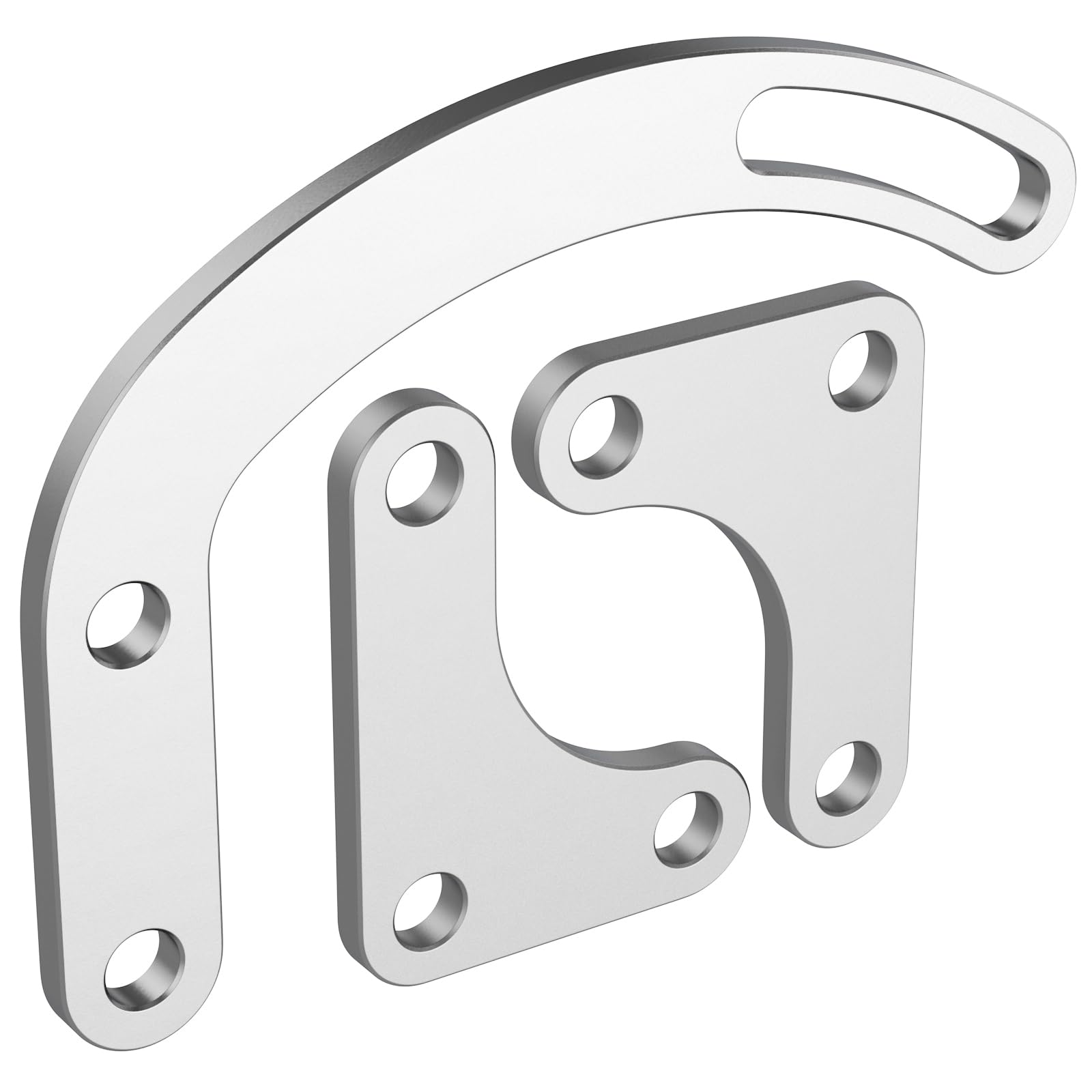 Moker SBC bracket slotted-arm detail demonstrates belt-tension adjustability