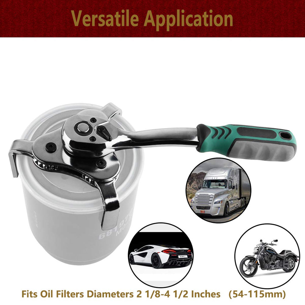 Three-jaw mechanism grips filters securely in tight spaces.