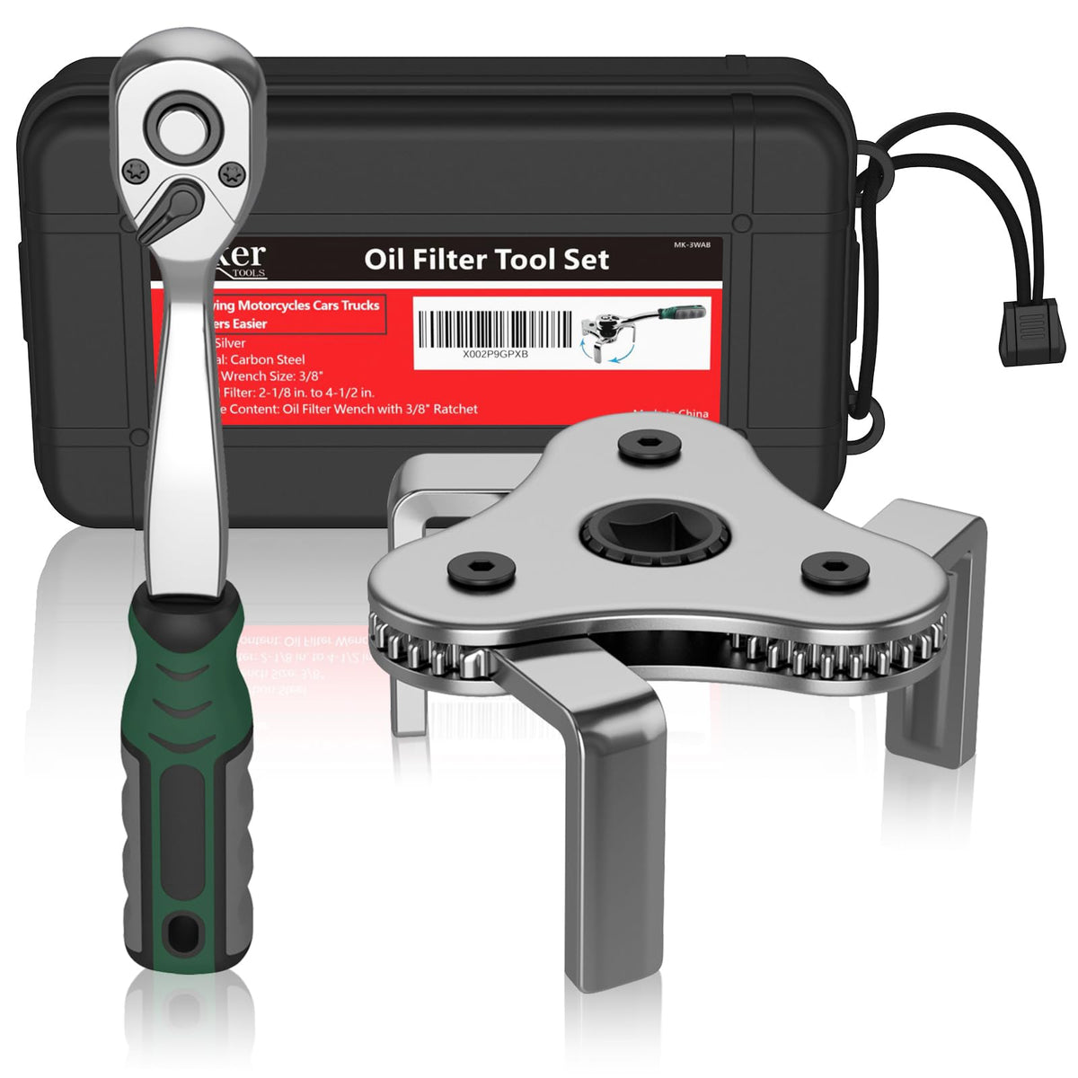 Moker universal oil filter wrench with adjustable body for versatile engine fit.