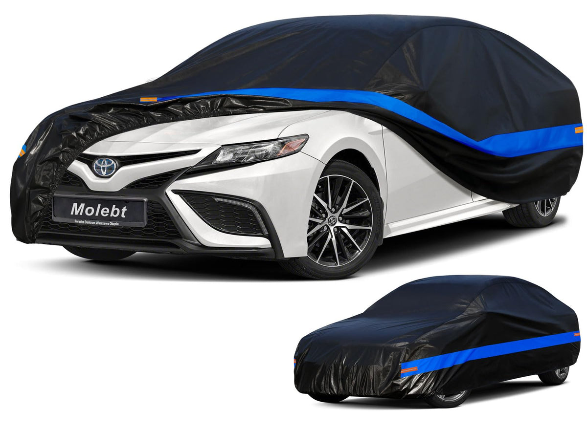 Molebt car cover front view showing universal fit and weather protection.