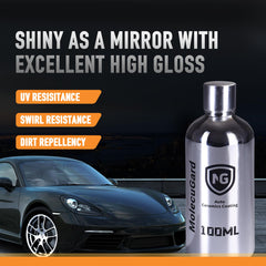 Glossy, mirror-like finish on car panel with MolecuGard coating
