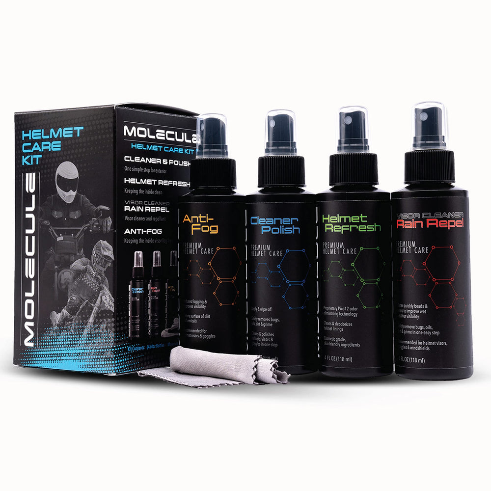 Molecule helmet care kit Anti-Fog bottle delivers clear visibility during rides.