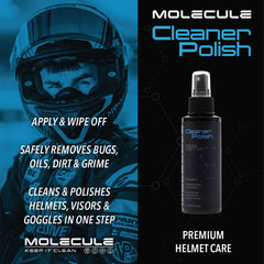 Molecule helmet care kit Cleaner-Polish bottle for streak-free helmet shine.