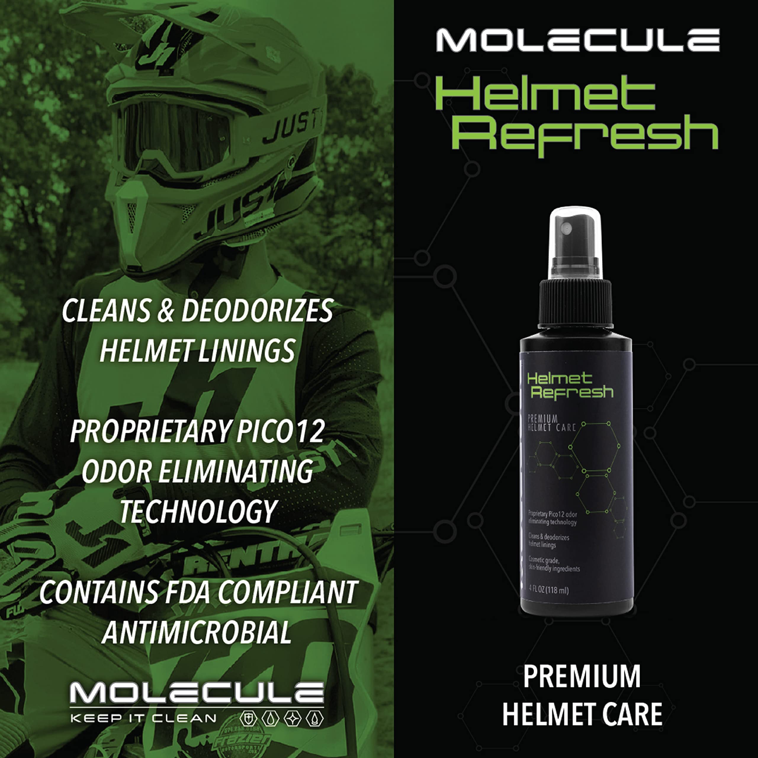 Molecule helmet care kit Rain Repel bottle beads water for smooth wiping.