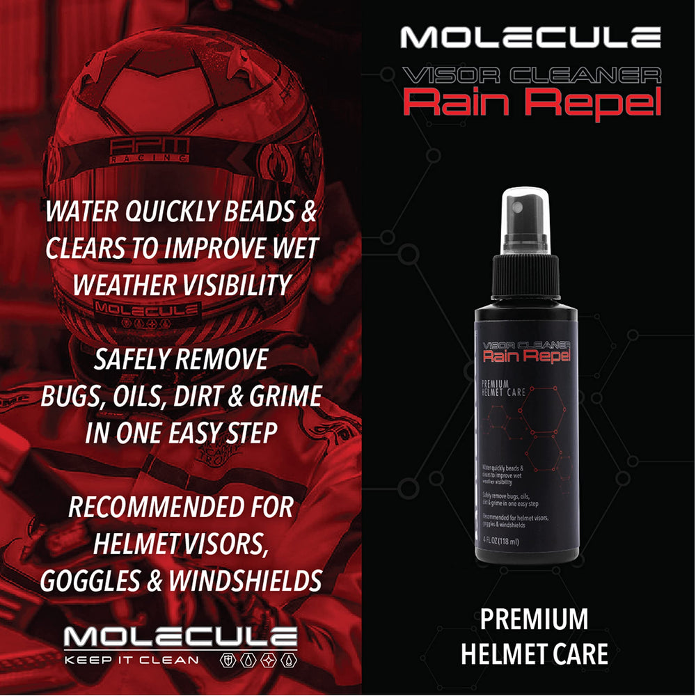 Molecule helmet care kit Visor cleaning spray provides clear, fog-free visibility.