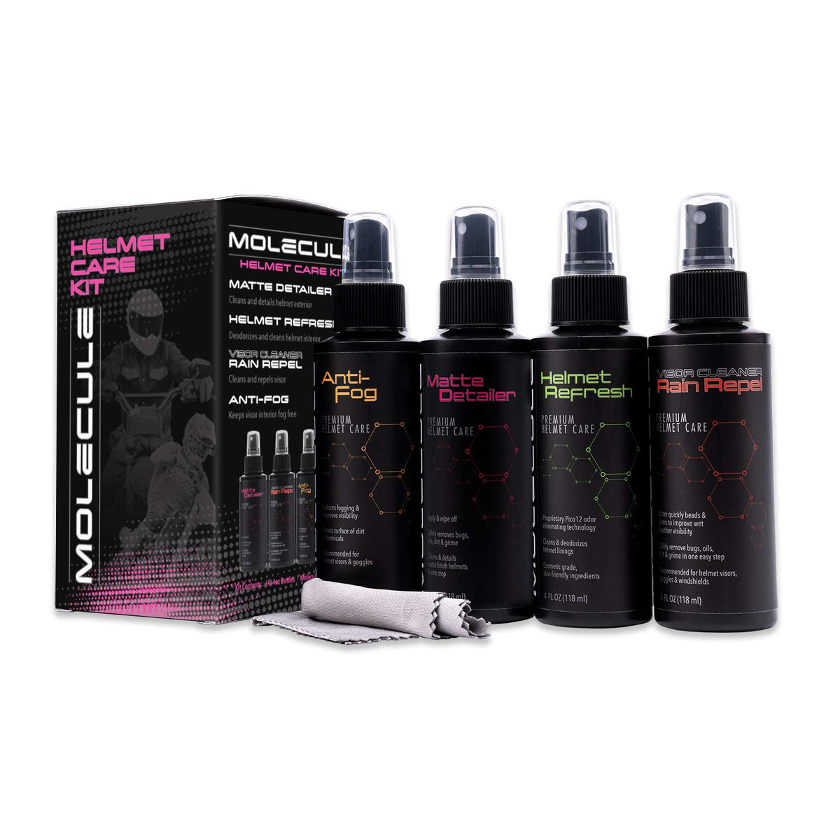 Molecule Matte Detailer bottle for maintaining a clean matte helmet finish.