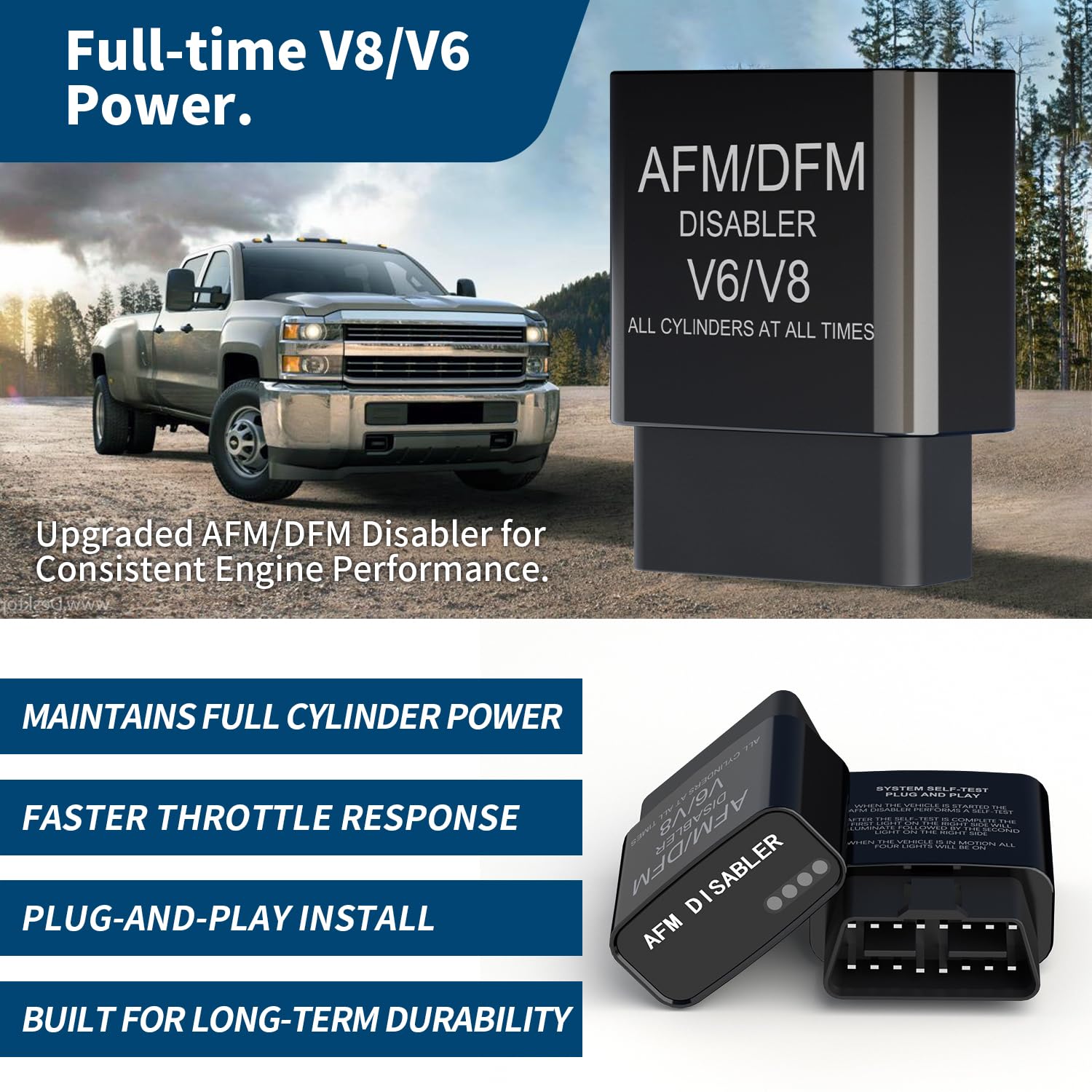 Momao AFM/DFM Disabler connected to the OBD‑II port in the vehicle.