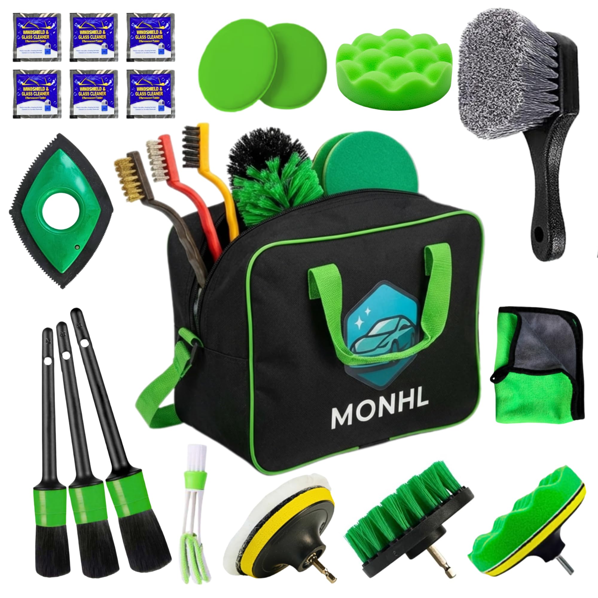 MONHL 26Pcs car detailing kit in case for comprehensive interior and exterior cleaning on the go.