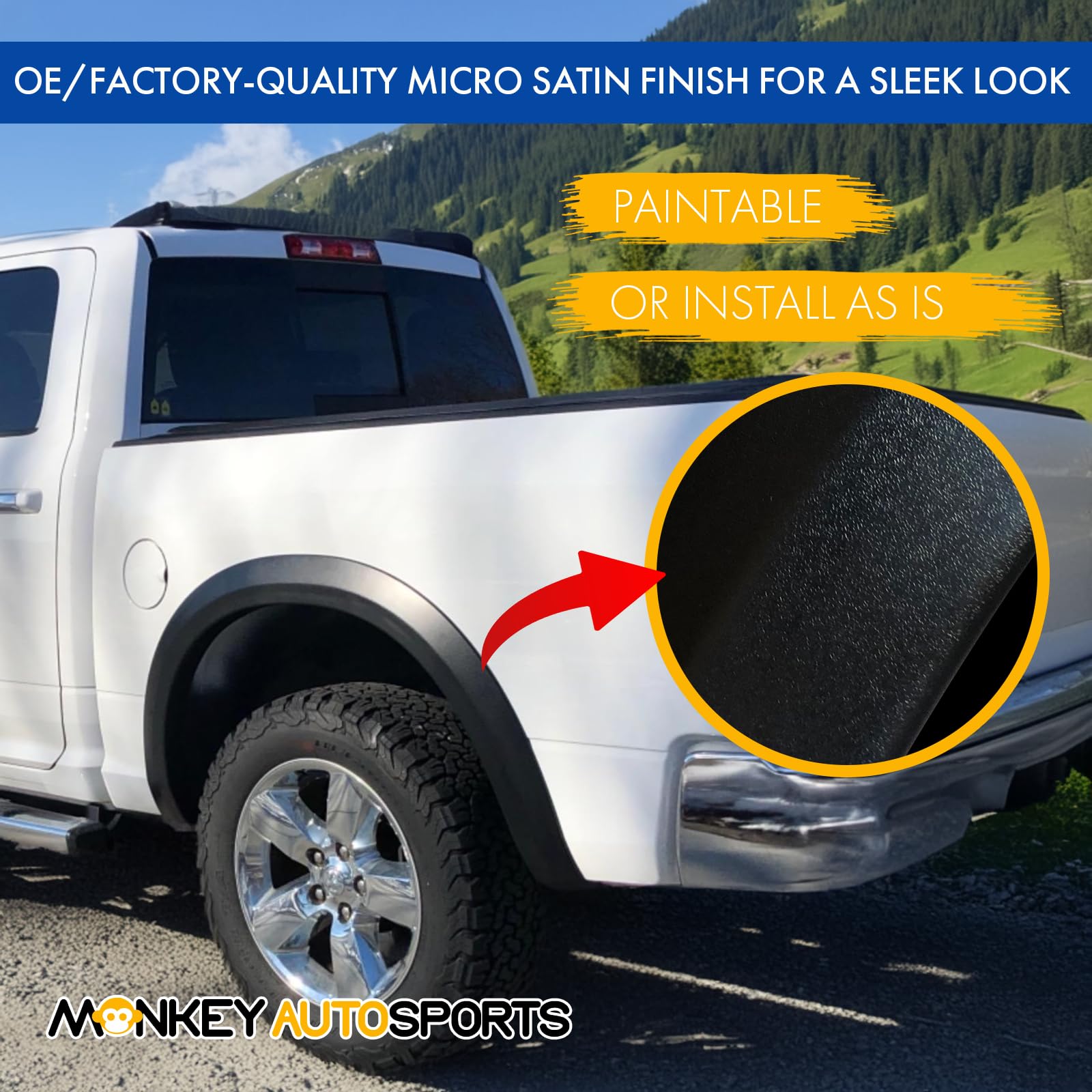 UV-protected satin finish on Monkey Autosports fender flare for Ram 1500
