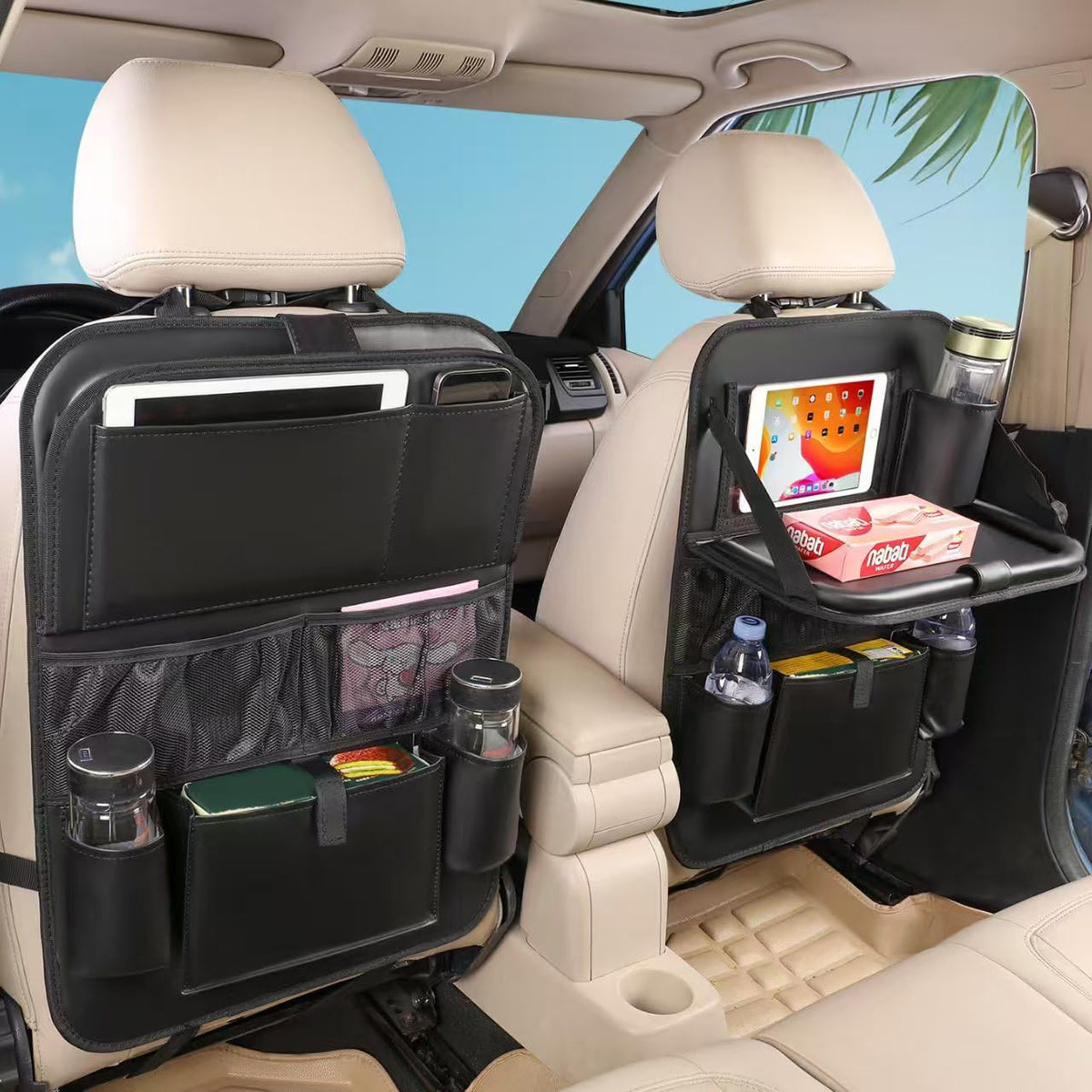 MONKONAR leather backseat organizer with PU material that protects against dust and scuffs.