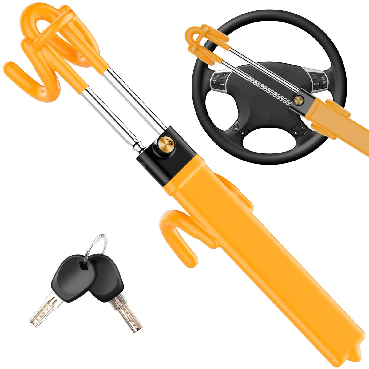 MONOJOY steering wheel lock with adjustable fit secures a wide range of wheels.