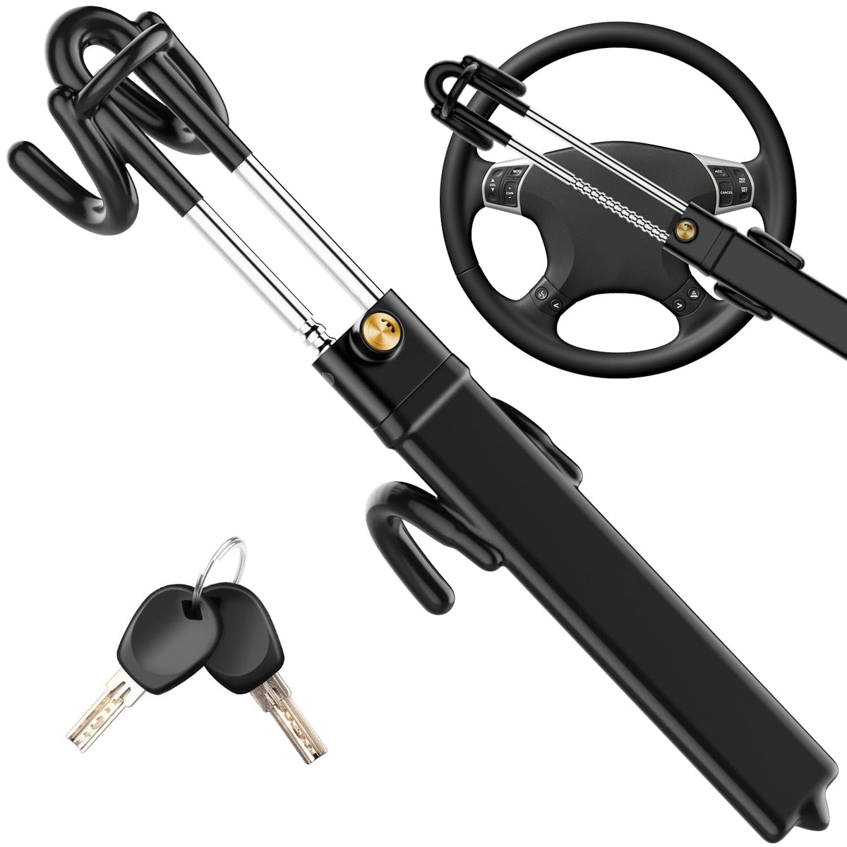 MONOJOY steering wheel lock shown on various vehicles for universal fit and security
