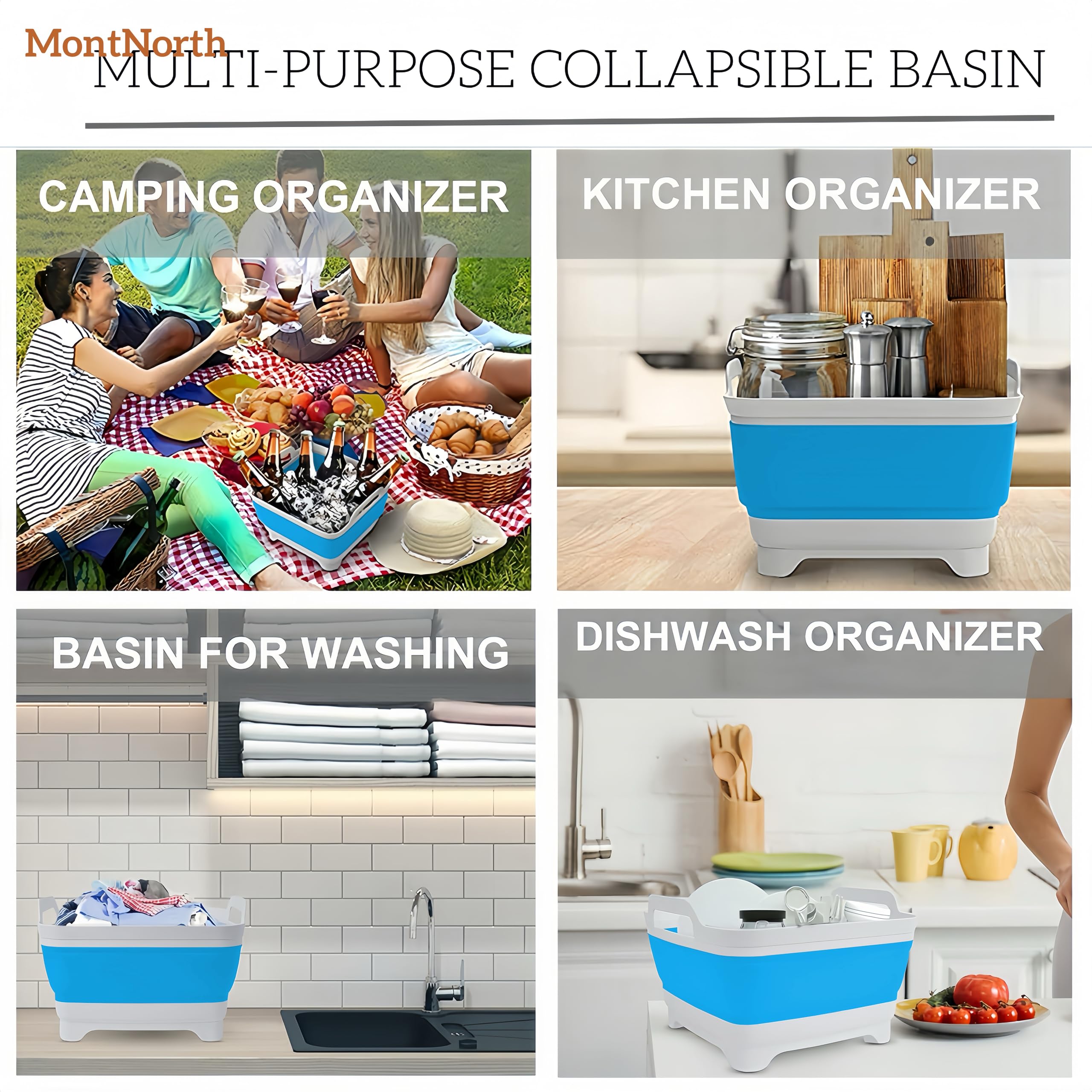 MontNorth portable kitchen sink in blue, ideal for camping and RV life.