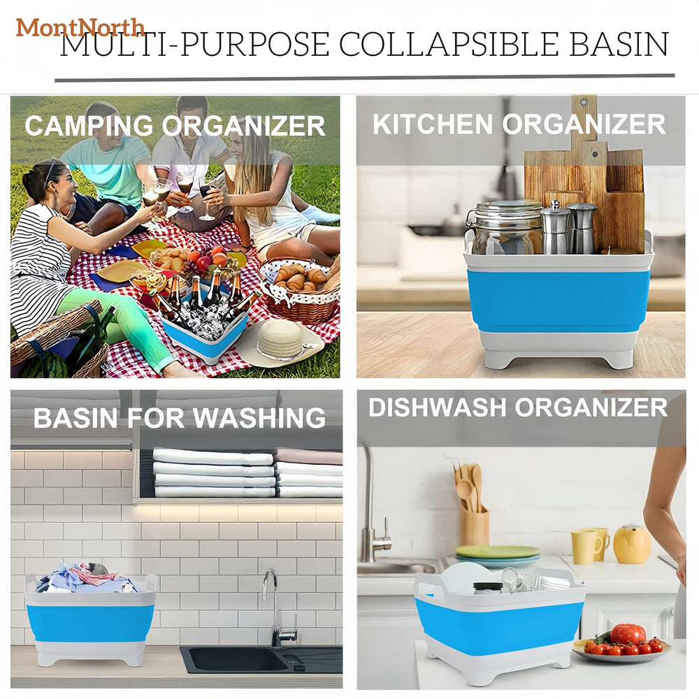 MontNorth portable kitchen sink in blue, ideal for camping and RV life.
