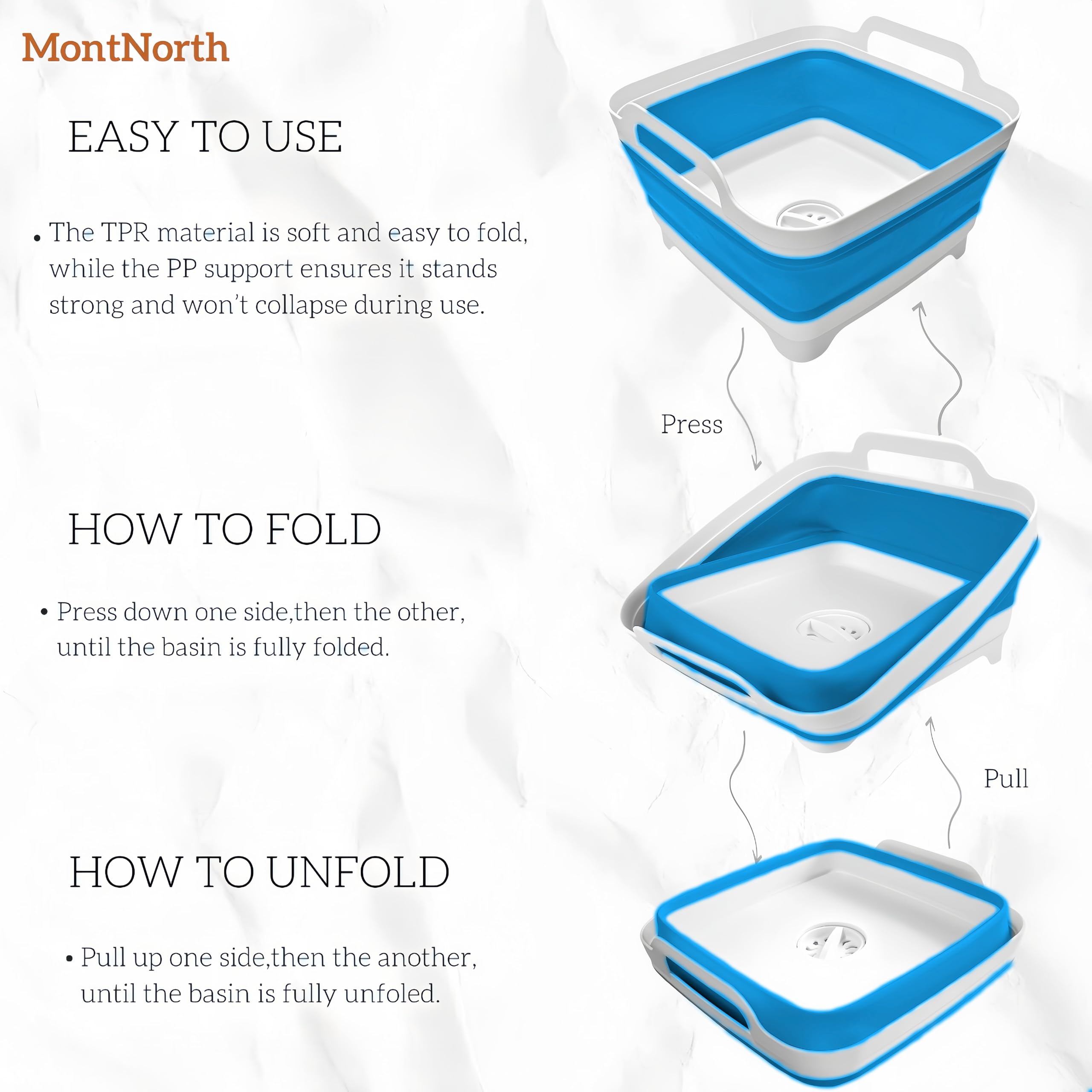 Folded MontNorth wash basin saved flat for travel and space-saving camping setup.