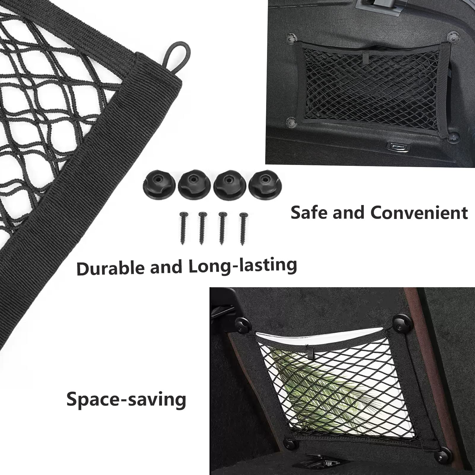 MOODKEY cargo net with screws and hooks demonstrates easy mounting.