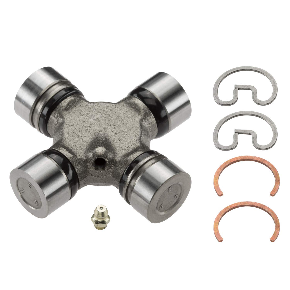 MOOG 355 greaseable U-joint close-up shows grease fittings for easy maintenance.