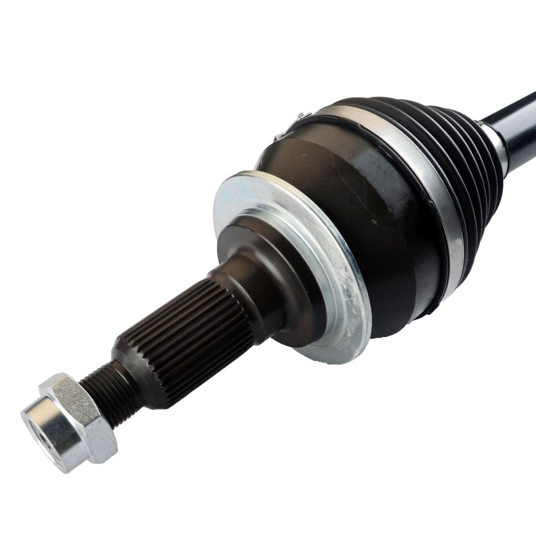 MOOG CV Axle Assembly 10H002 intermediate shaft closeup with rust-protection coating visible.