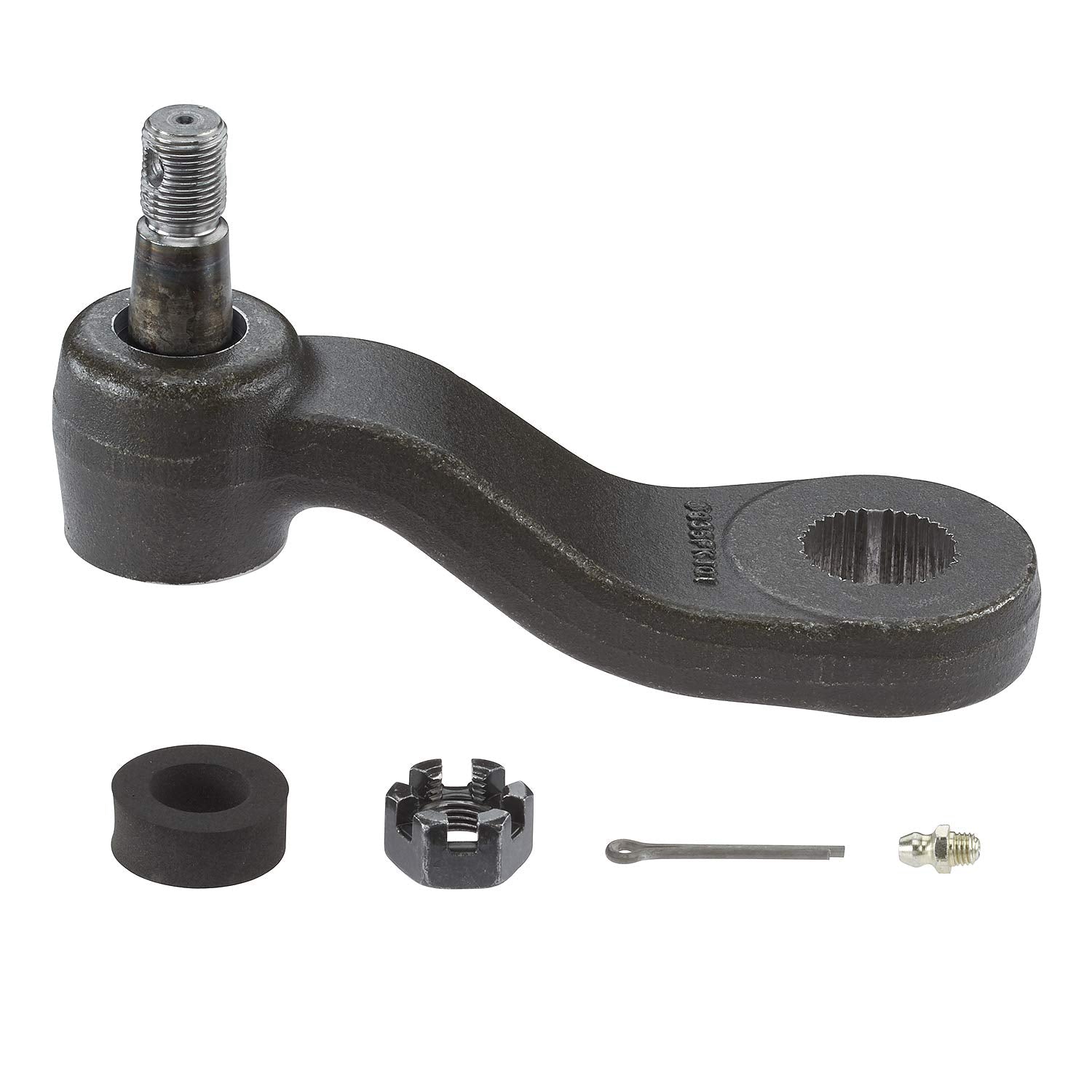 Close-up view of MOOG K6143 pitman arm with heavy-duty construction and bearing cover.