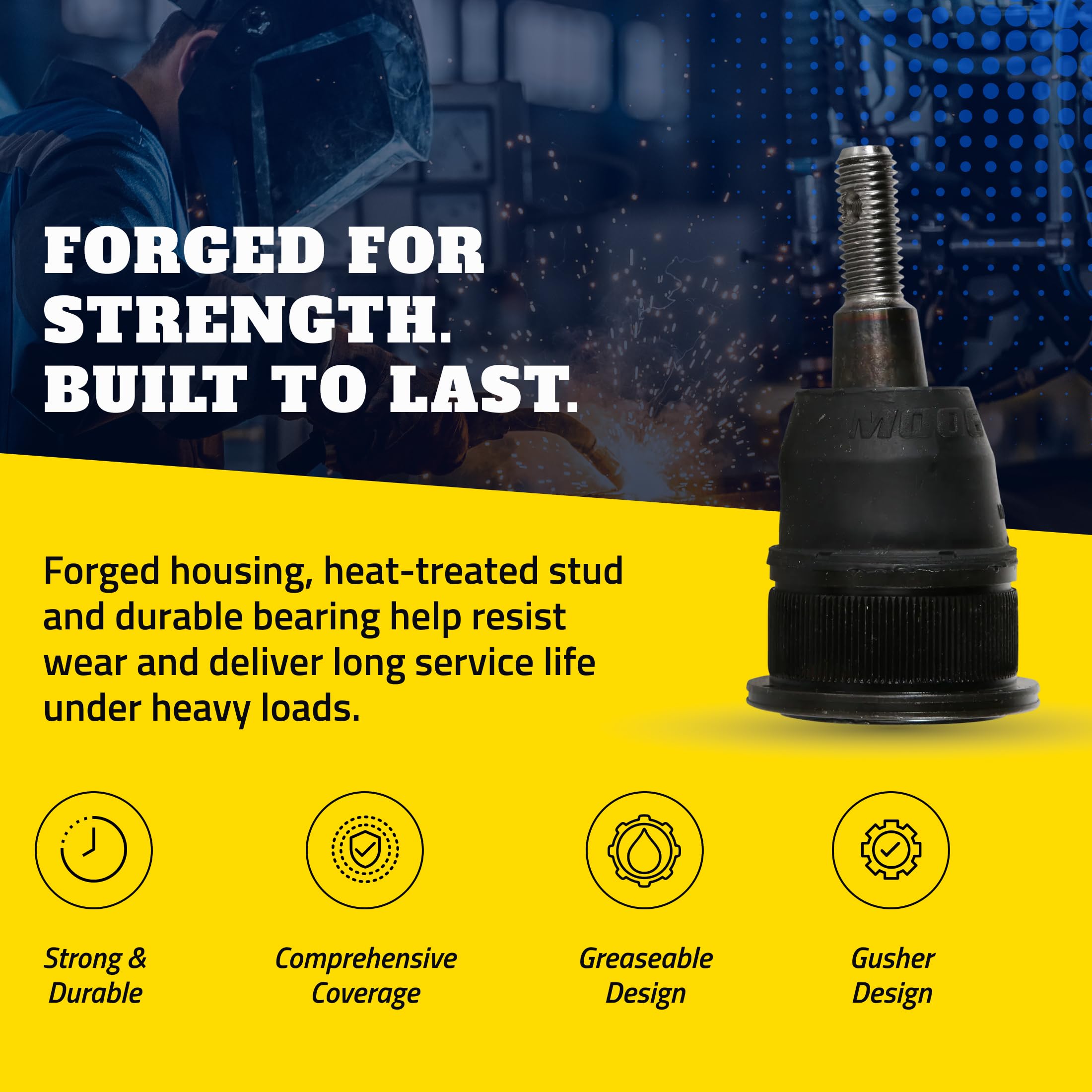 MOOG steering drag link heat-treated stud provides long wear resistance.