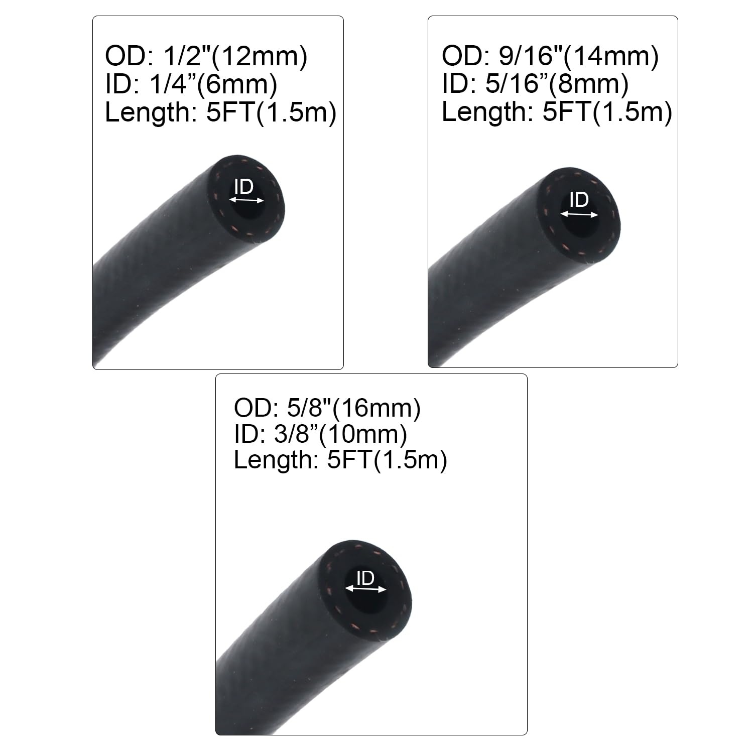 MooiYrs hose kit with three labeled sizes for easy identification.