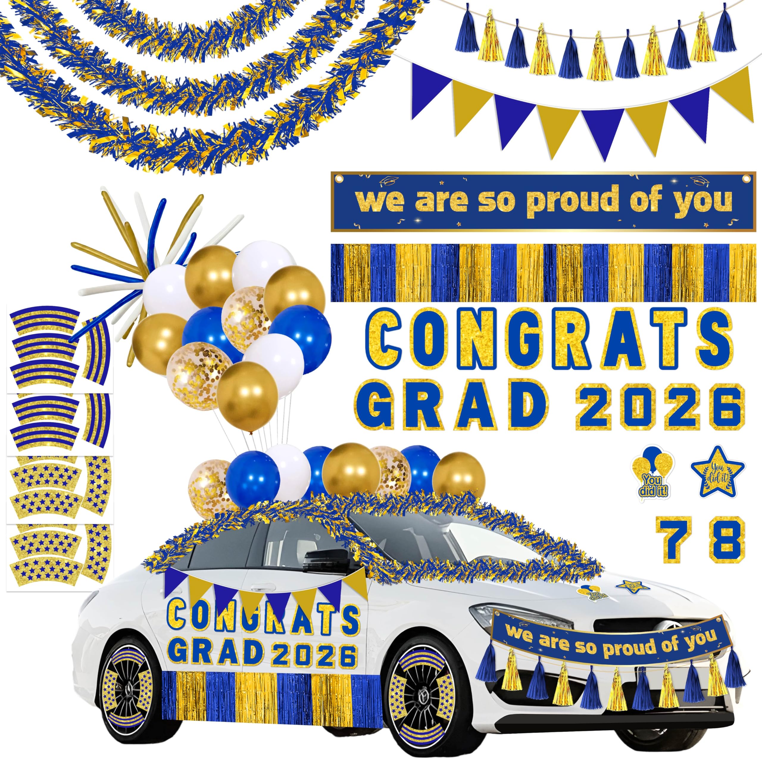 Moon Boat blue-gold tinsel garland style A adds festive car decor for graduation celebrations