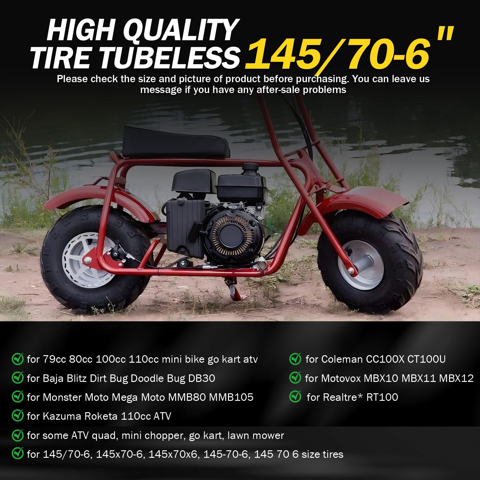 Mopillos 145/70-6 tubeless tire mounted on a go-kart for smooth ride