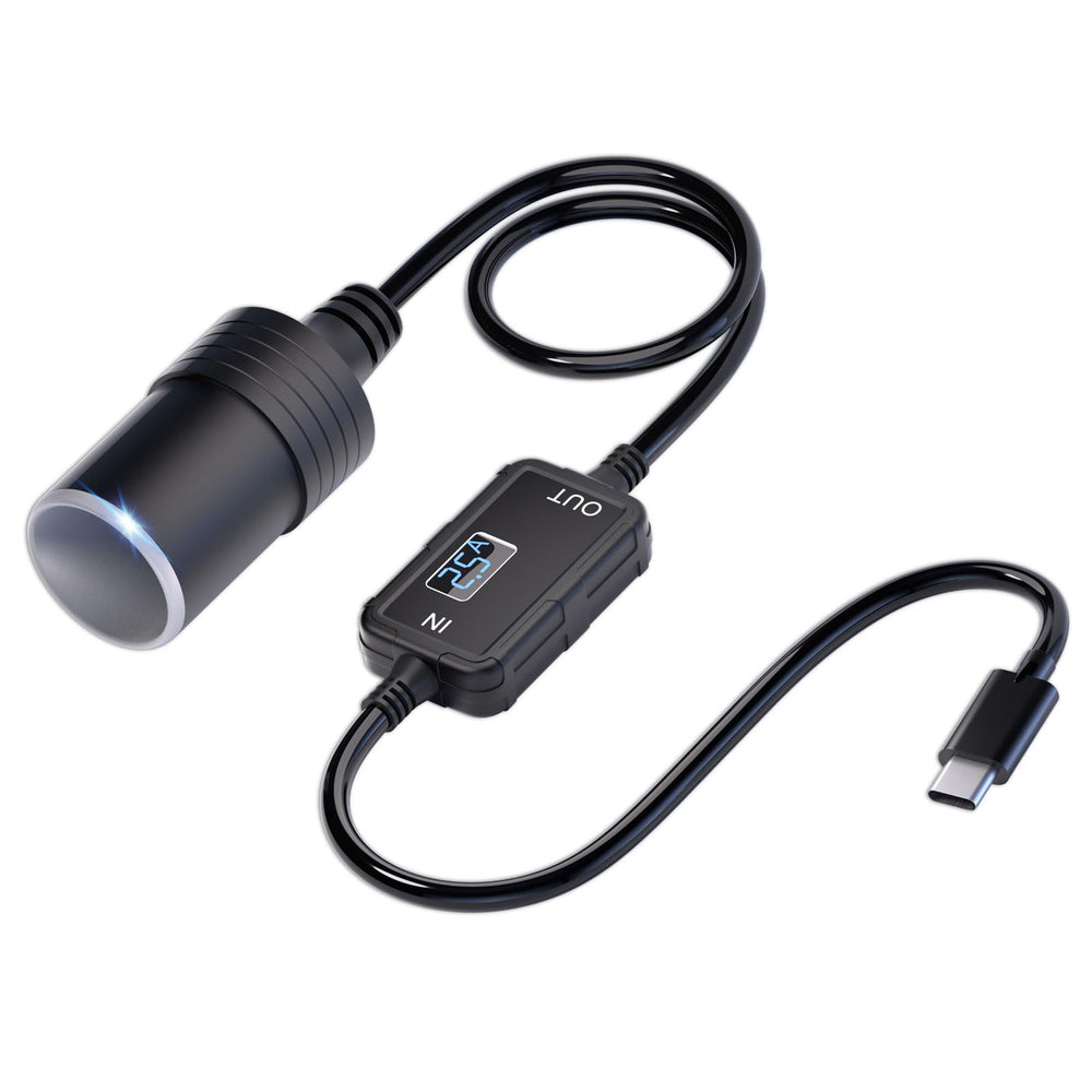 Moqidong USB-C to 12V adapter front view powering devices on the road