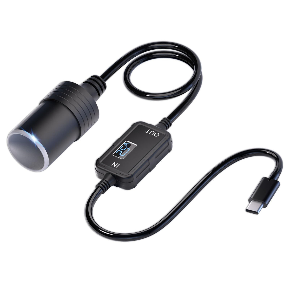 Moqidong USB-C to 12V adapter front view powering devices on the road