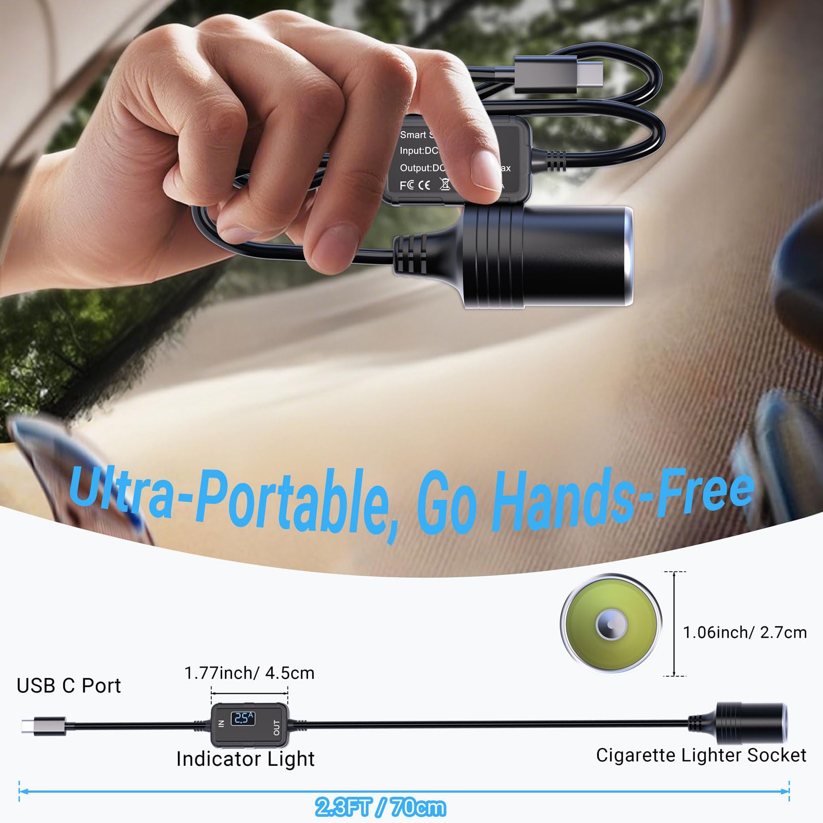 Moqidong USB-C to 12V adapter socket detail enables stable dash cam power