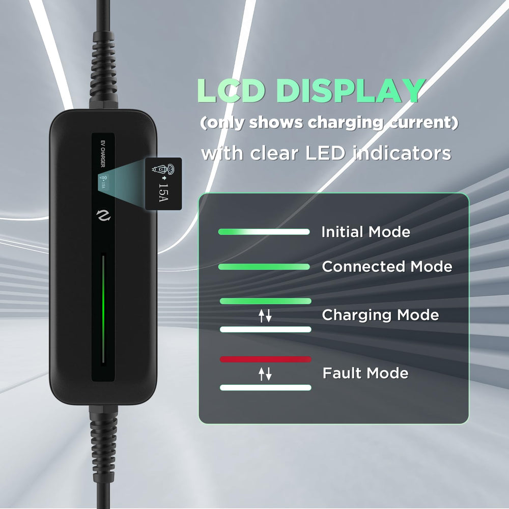 Morec Level 1 EV Charger LCD display showing status and metrics