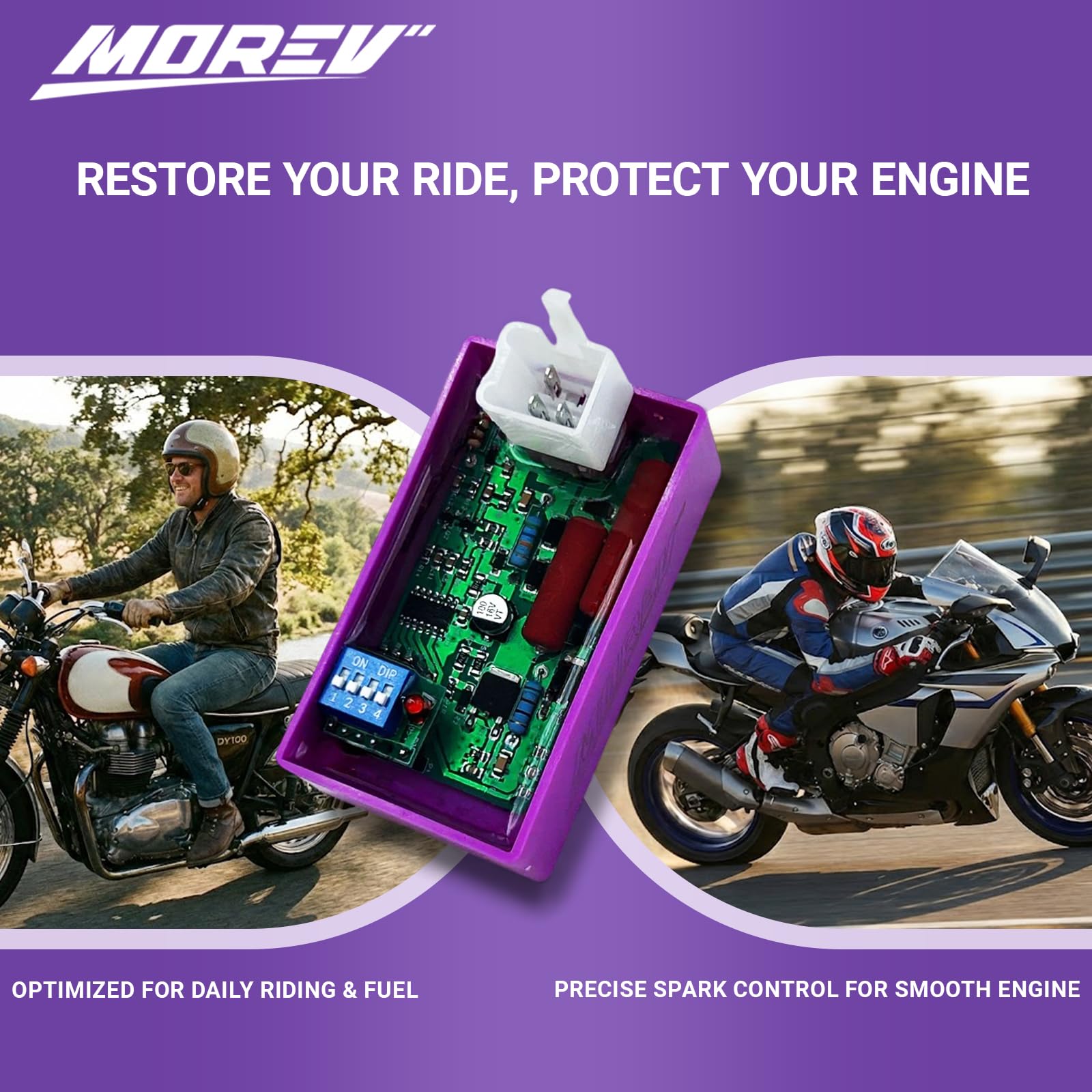 MOREV 5-pin AC CDI module rear view emphasizing secure plug connections for reliability.