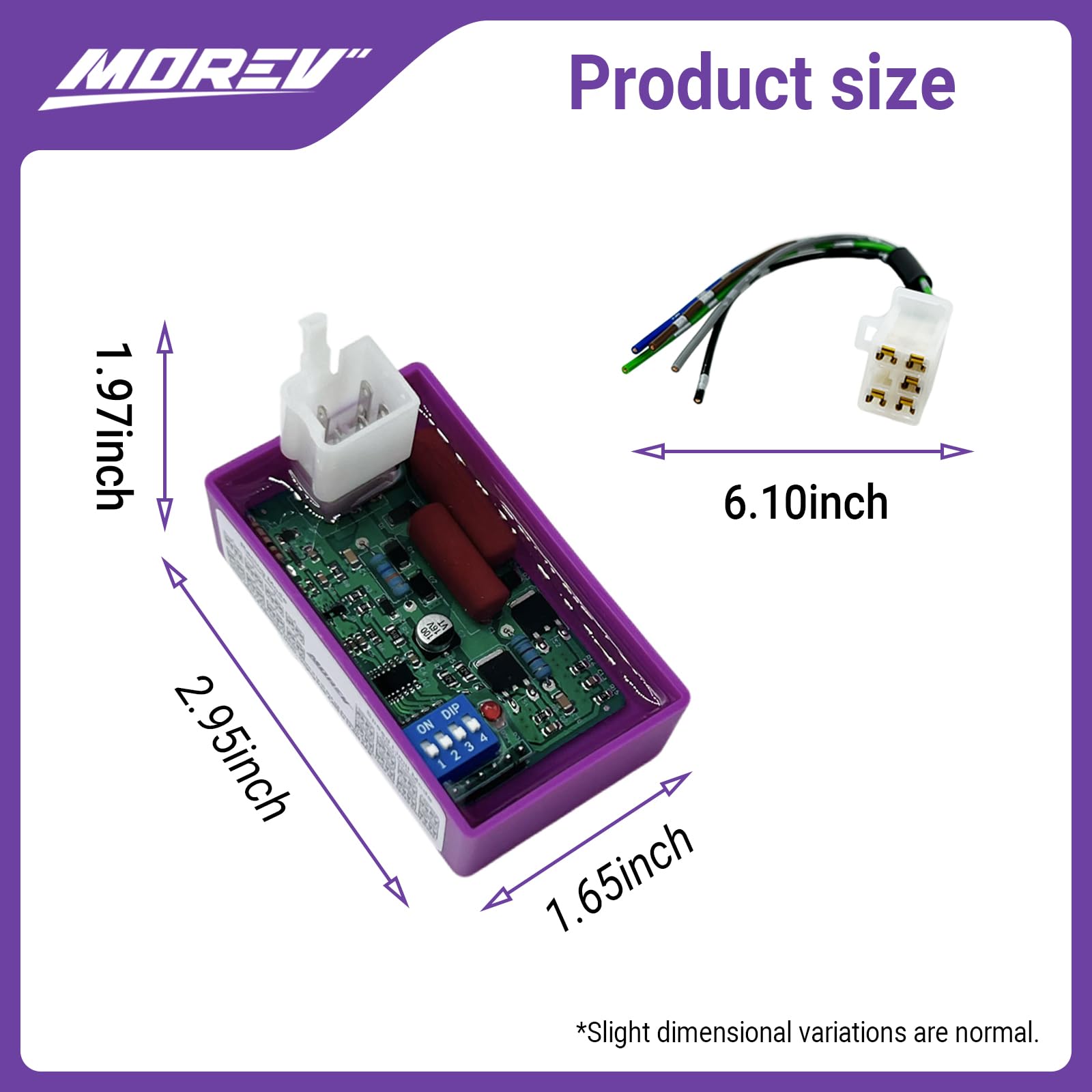 MOREV purple housing connector closeup indicating plug-and-play readiness.