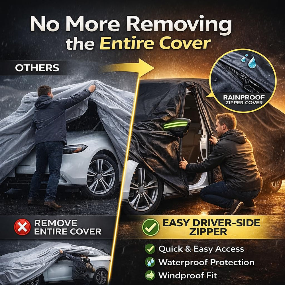 Drive side zipper access on Morhept car cover for easy interior entry
