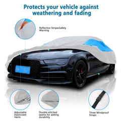 MORNYRAY sedan car cover with windproof hems and buckles securing a snug fit